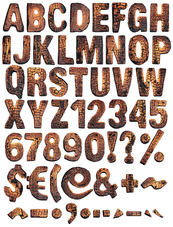 Punctuation and symbols of the Burned Wood Font in charred timber