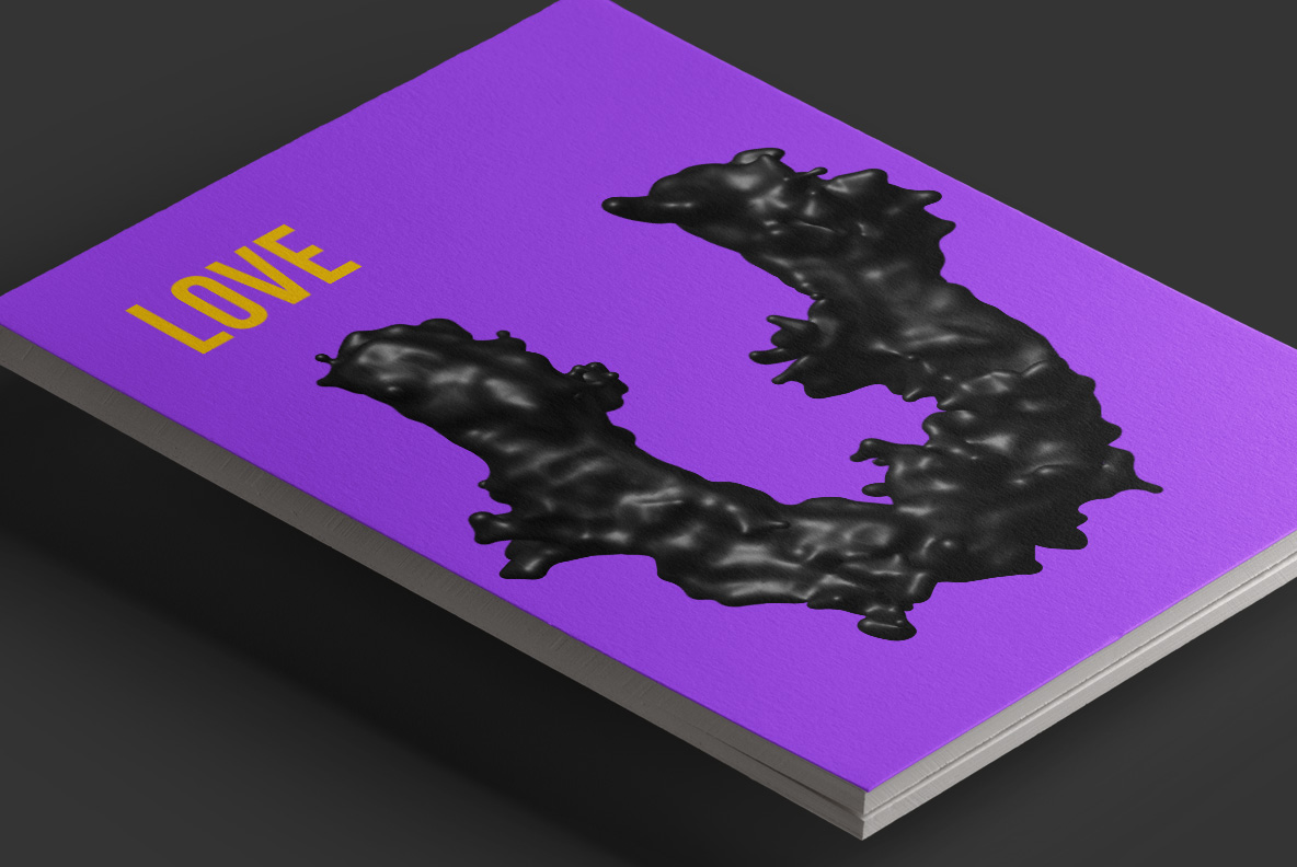 Purple book cover mockup with a black liquid letter from the Dark Font and a small title