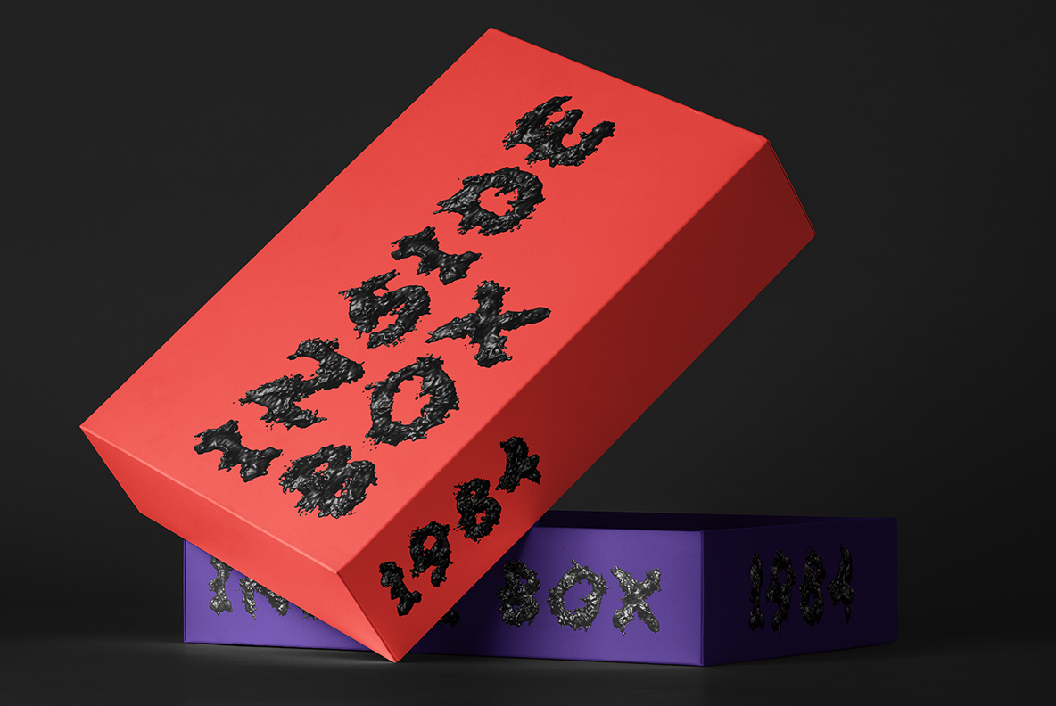 Red and purple boxes on dark grey printed with words in the Dark Font
