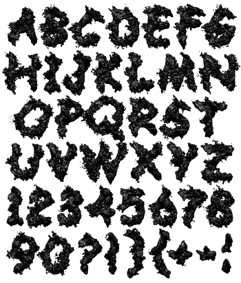 Complete alphabet, numerals and symbols of the Dark Font in glossy black liquid
