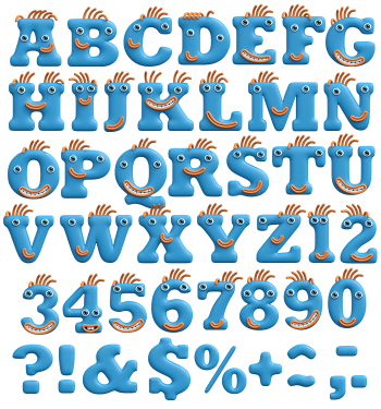 Full alphabet and numerals of the Funny ABC Font, every letter with eyes and a grin