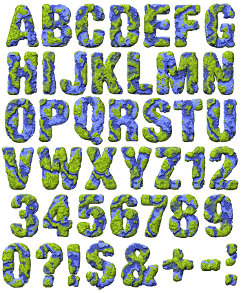 Full alphabet and numerals of the Geo Font mapped in green land and blue ocean