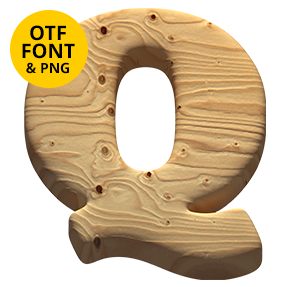 Letter Q of the Wooden Font on a light square with a yellow OTF and PNG badge