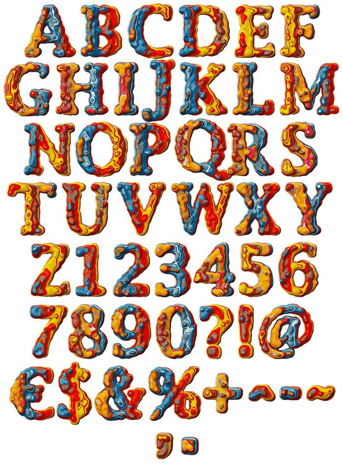 Full alphabet and numerals of the Paint Melt Font in poured colour on white