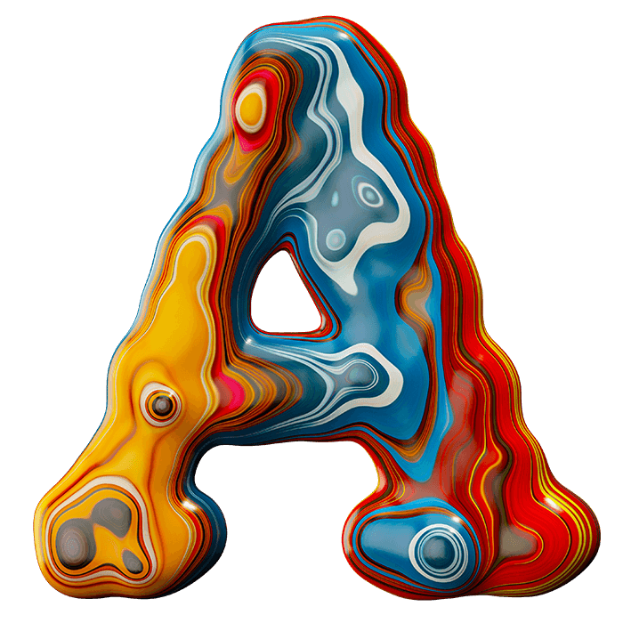 Letter A of the Paint Melt Font ringed in red, blue and yellow paint