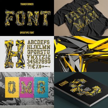 Preview grid of the Transformer Font showing the cover, alphabet, close-up and mockups