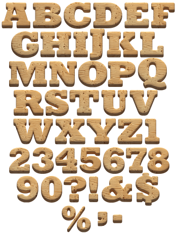 Complete Wooden Font character set of pine capitals, numerals and punctuation marks