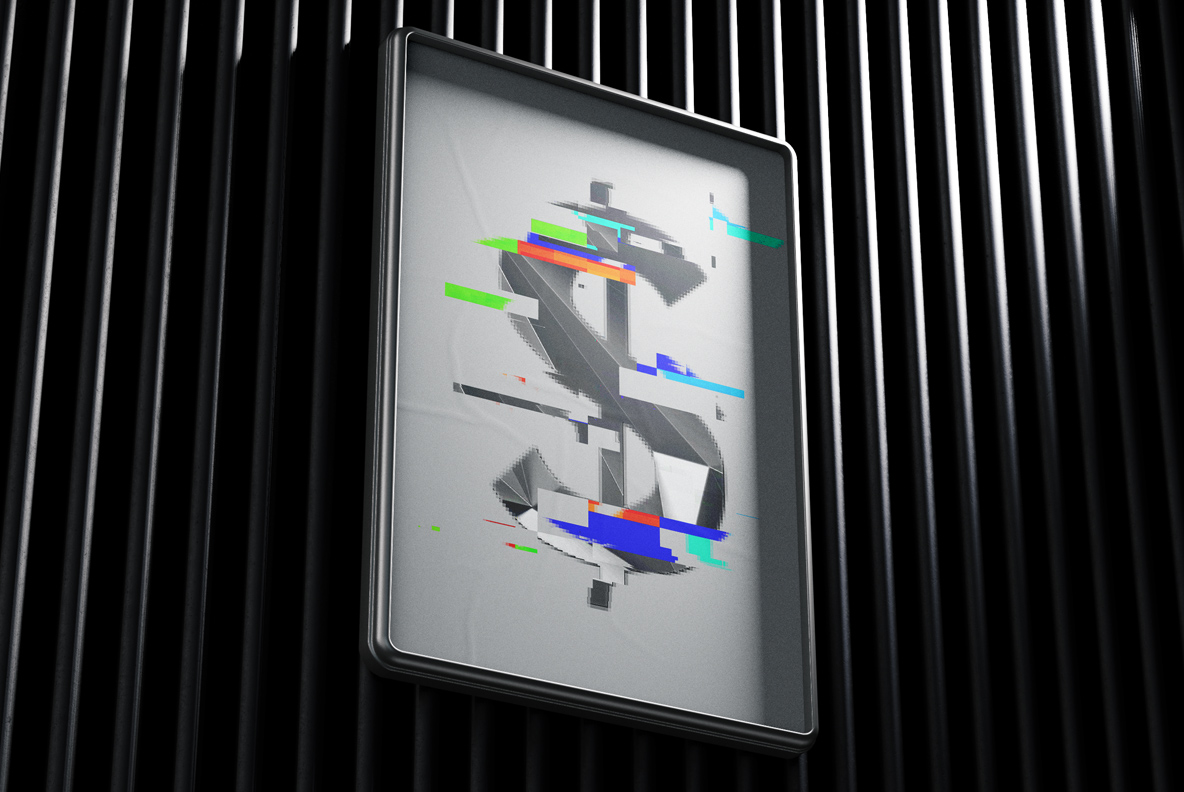 Glitch Font framed screen mockup Framed screen showing a currency symbol from the Glitch Font