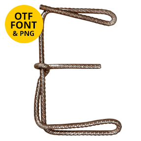 Bent steel letter of the Reinforcement Font on a light square with the OTF and PNG badge