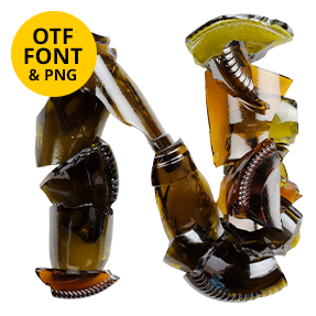 Smashed glass letter of the Broken Bottle Font on a light square with the OTF and PNG badge