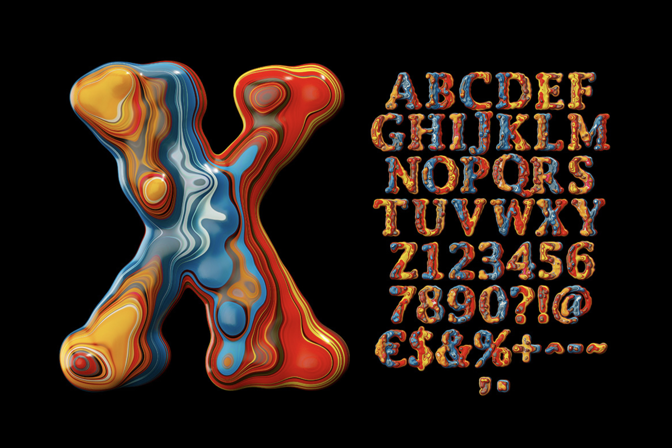 Paint Melt Font Character Set Alphabet, numbers and symbols of the Paint Melt Font beside a large letter X