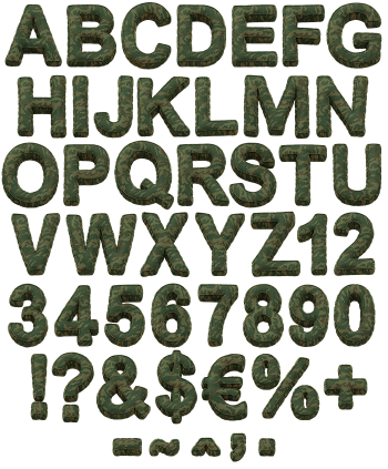 Full Soldier Font alphabet of padded camouflage capitals