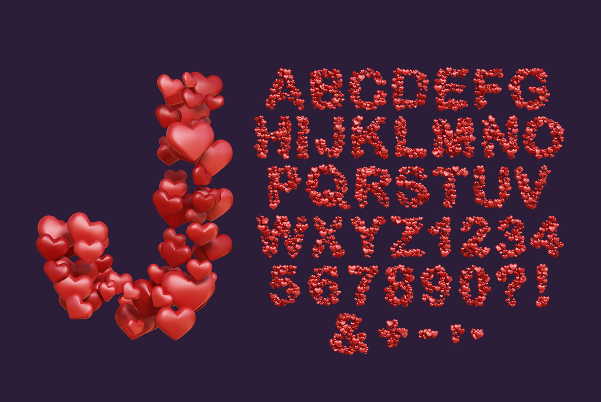 Letter J beside the full alphabet and numerals of the Hearts Font on dark purple