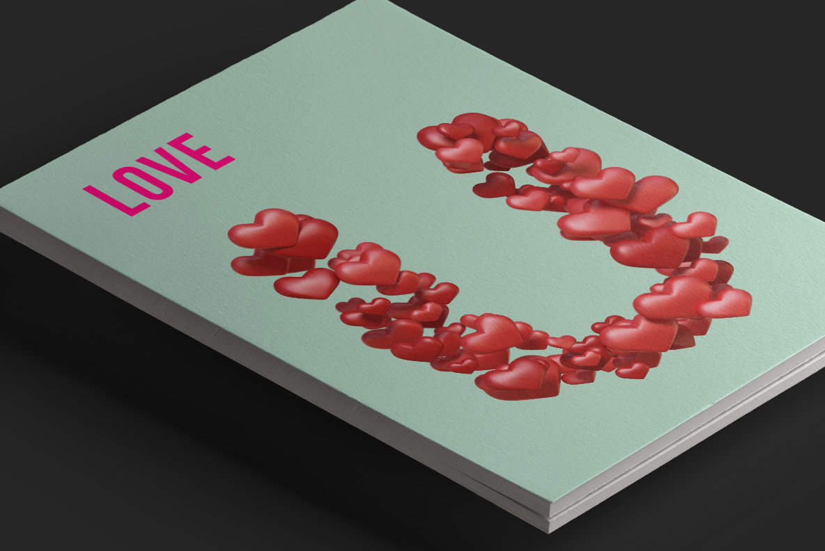 Mint book cover with a large heart-packed letter from the Hearts Font