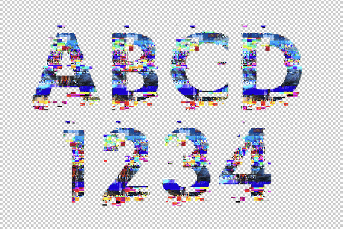 Letters A to D and figures one to four of the Gits Font on a transparent background