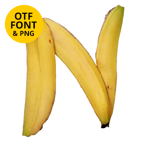 Banana Font letter N made from two whole bananas with OTF Font and PNG badge