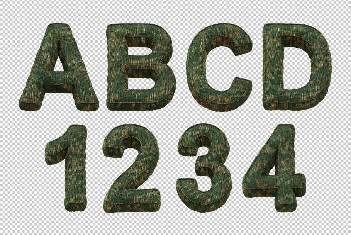 Soldier Font alphabet sheet Soldier Font alphabet laid out on a transparent background with the padded seams visible