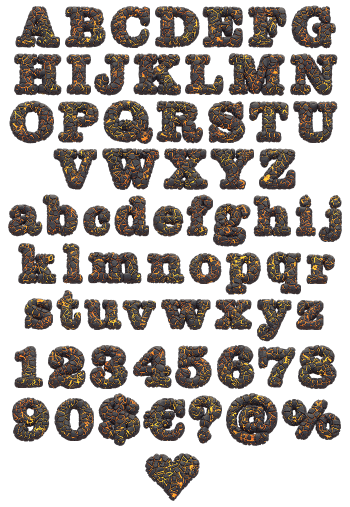 Full alphabet, numerals and punctuation of the Lava Font in cracked volcanic rock