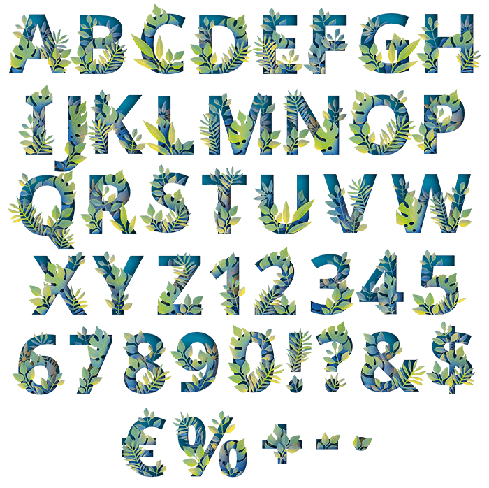 Full leafy alphabet and numerals of the Paper-Jungle Font on white