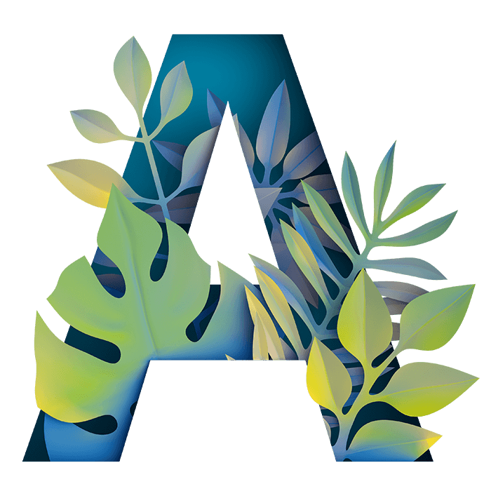 Letter A of the Paper-Jungle Font with monstera and fern leaves layered over it