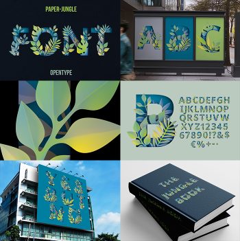 Six panel preview of the Paper-Jungle Font showing poster, alphabet and mockups