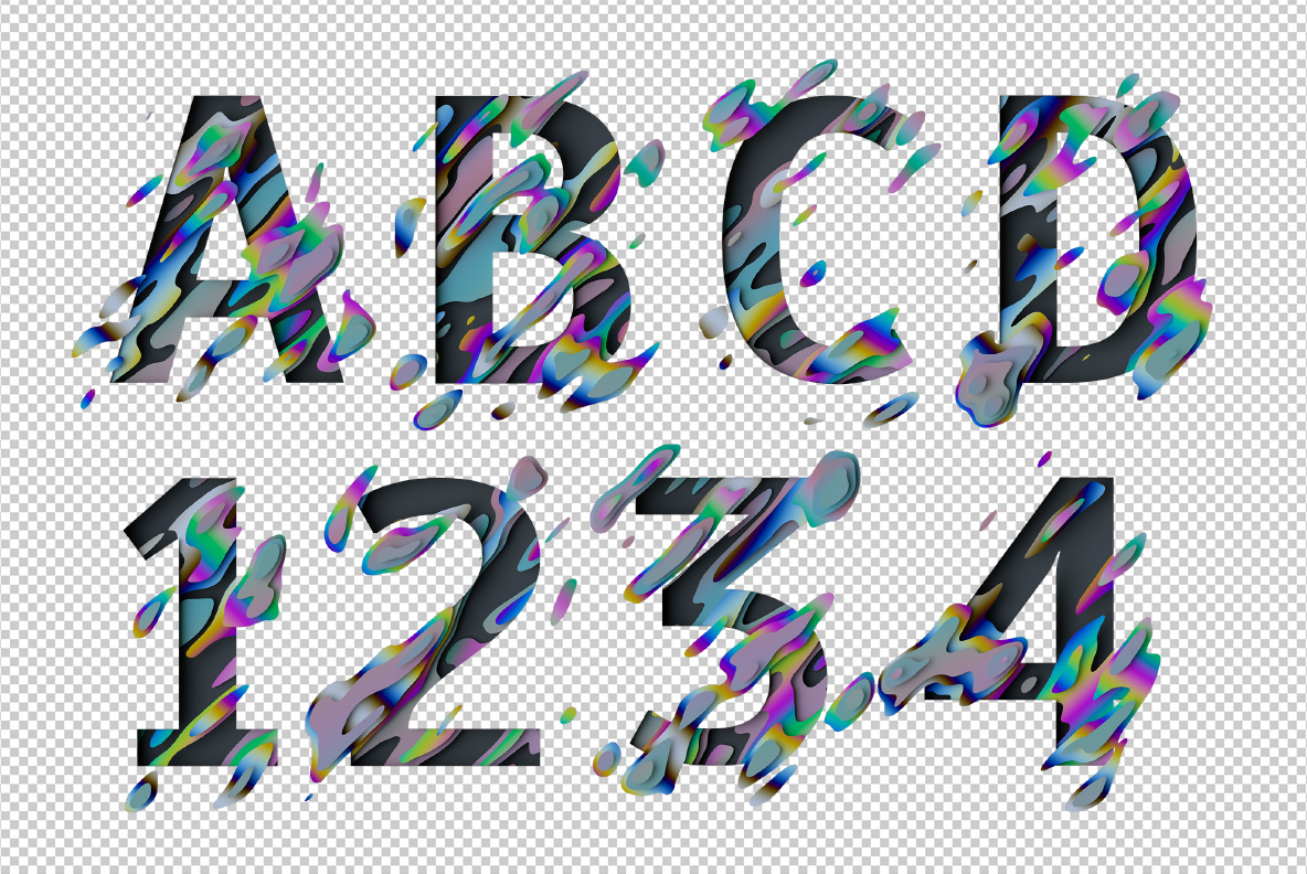 Spectral Font alphabet laid out on a transparent background with stray droplets