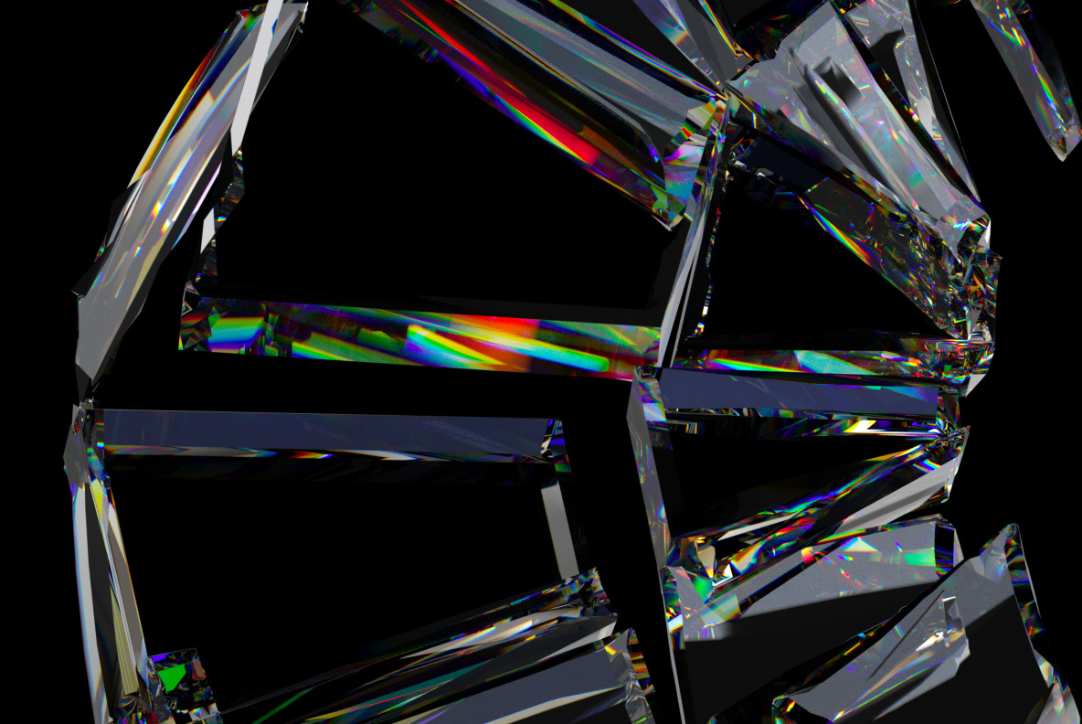 Macro close-up of The Broken Font showing prism colours along the broken glass edges