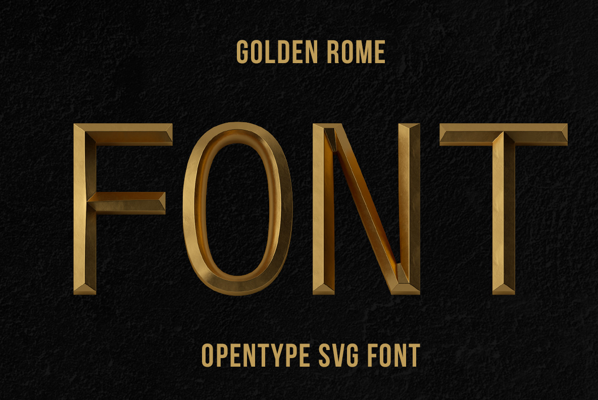 Dark title card for the Golden Rome Font with the word font cast in brass