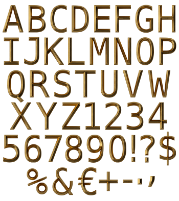 Full alphabet and numerals of the Golden Rome Font in cast brass