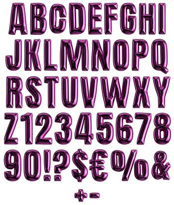 Full alphabet, numerals and punctuation of the Happy Birthday Font in magenta