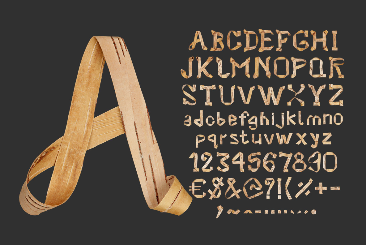 Birch Curl Font specimen with a large A beside uppercase and lowercase letters, numbers and symbols on charcoal.