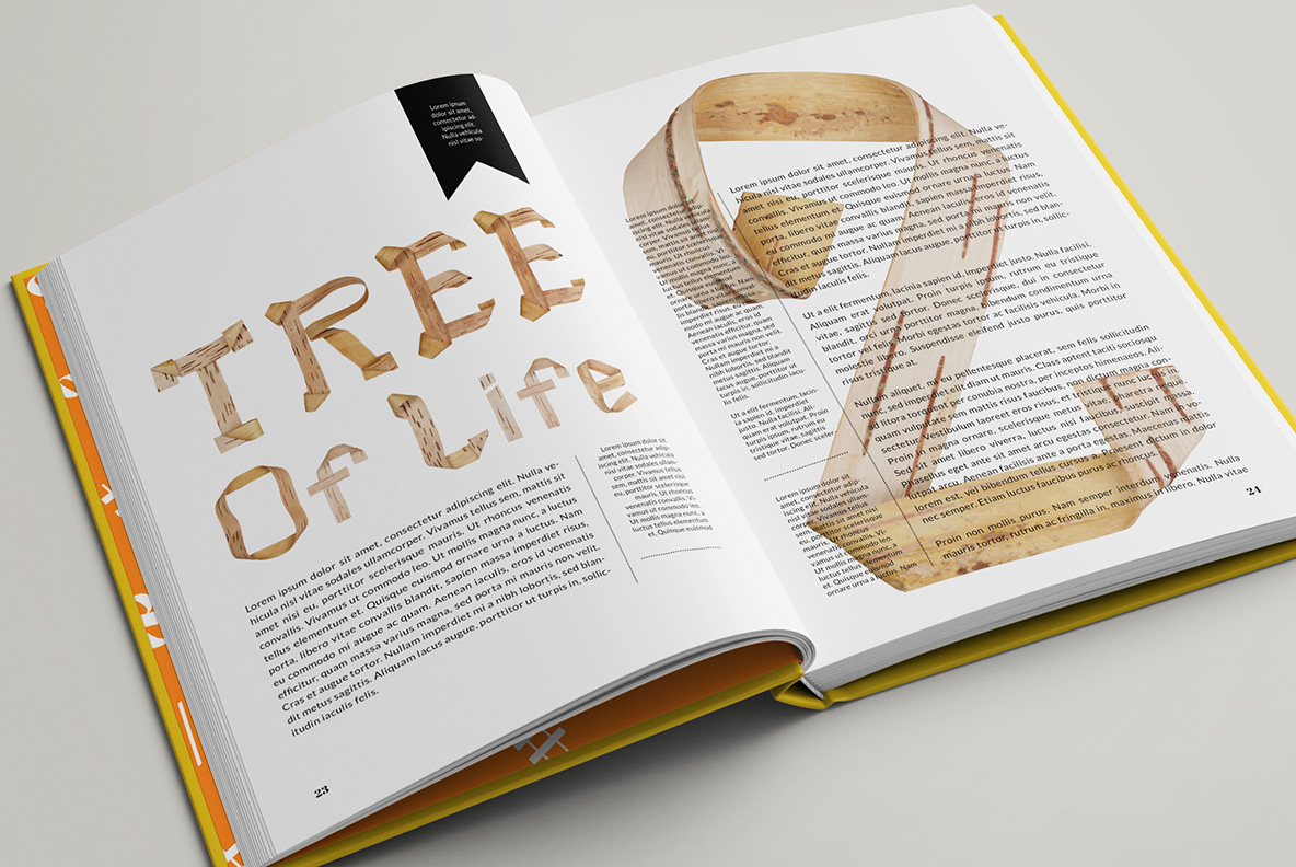 Open magazine using Birch Curl Font for a TREE heading and a large bark letter alongside columns of body text.