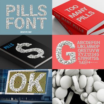 Six panel preview of the Pills White Font showing poster, alphabet and mockups