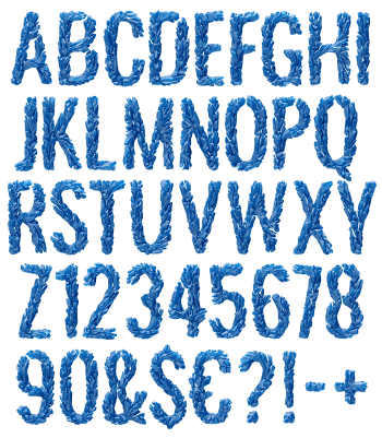 Full alphabet, figures and punctuation of the Frozen King Font in blue ice
