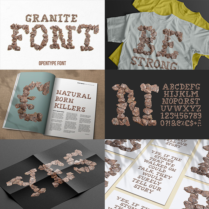 Six preview panels of the Granite Font showing letters and mockups