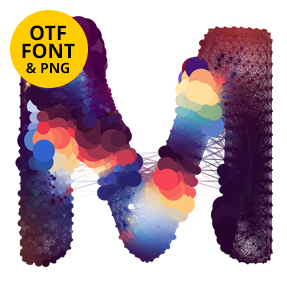 Letter M of the Cosmic Bubble Font on a dark square with the OTF and PNG badge