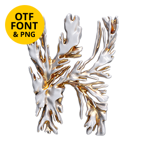 White and gold coral letter of the Modern Coral Font on a light square with the OTF and PNG badge