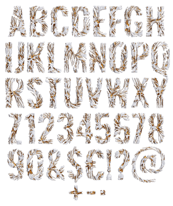 Full alphabet, numerals and punctuation of the Modern Coral Font in white and gold