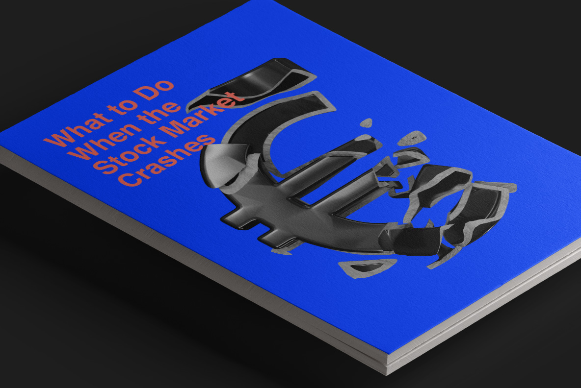Book cover mockup titled What to Do When the Stock Market Crashes with a shattering Euro sign in A Broken Life Font