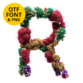 Letter R of the Bacteria Font on a light square with the OTF and PNG badge