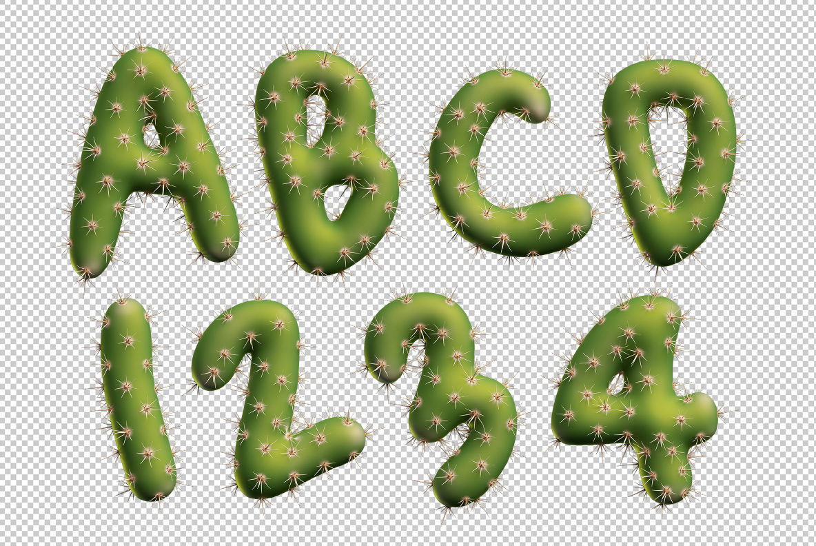 Texas Cactus Font transparent PNG letters and numerals Transparent background sheet with spiny cactus letters and numerals of the Texas Cactus Font