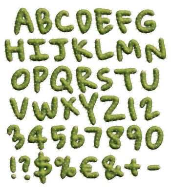 Complete Texas Cactus Font character set of spiny green capitals and numerals