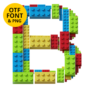 Loose brick letter B of the Lego Scatter Font on a light square with the OTF and PNG badge