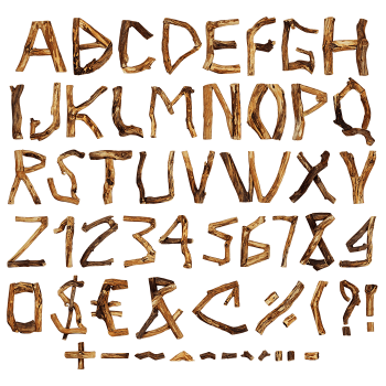 Full alphabet, numerals and symbols of the Craft Wood Font in branch wood
