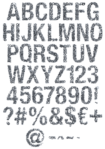 Full alphabet, numerals and symbols of the Nuts and Bolts Font on white