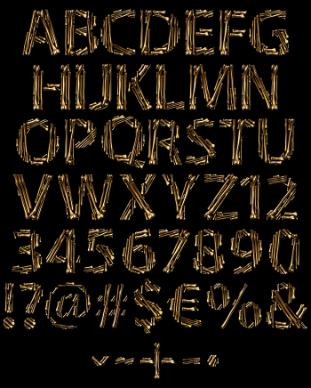 Full alphabet and numerals of the Golden Bones Font stacked from gold bones