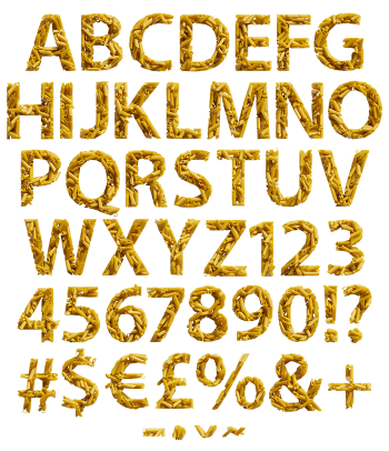 Full golden alphabet and numerals of the Pasta Font packed from raw pasta