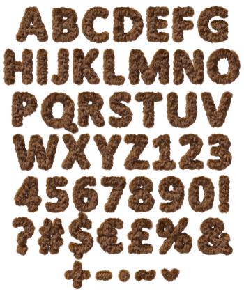 Full alphabet and numerals of the Brown Teddy Bear Font in chestnut plush