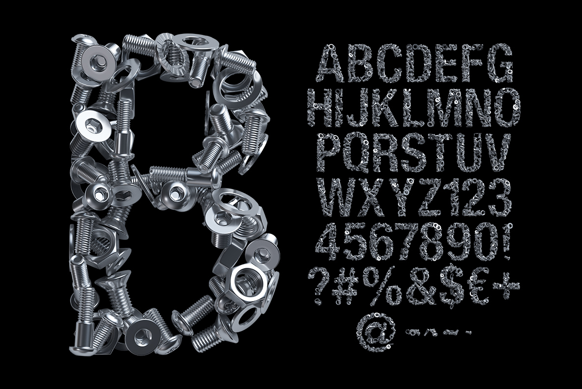 Nuts and Bolts Font Character Set Alphabet, numbers and symbols of the Nuts and Bolts Font beside a large letter B