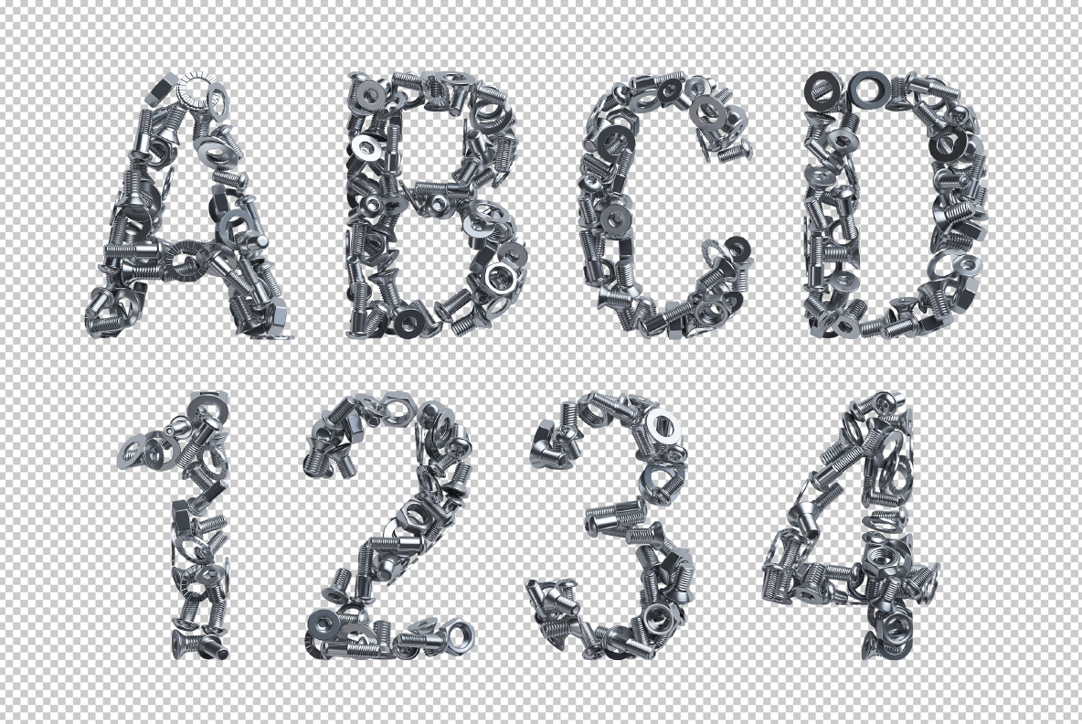 Nuts and Bolts Font PNG Letters Transparent PNG letters and numerals of the Nuts and Bolts Font on a checkered background